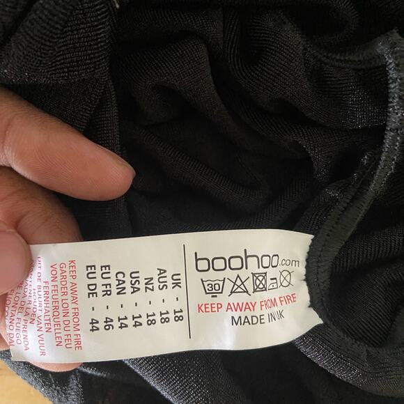 Boohoo Over the Shoulder Black Rouched Midi Bodycon Dress Women's Size 14 - Picture 5 of 7